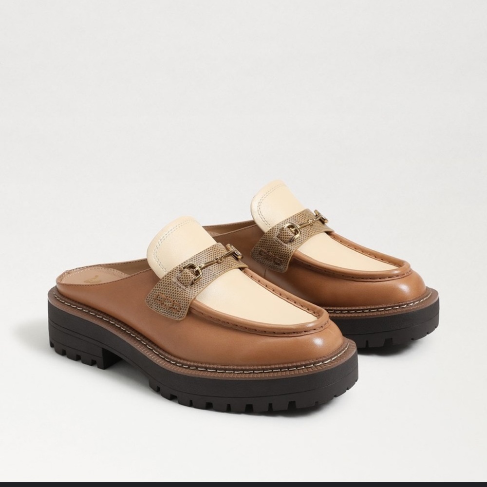 Sam Edelman Two-Tone Cream and Brown Leather Backless Loafers - Picture 2 of 12
